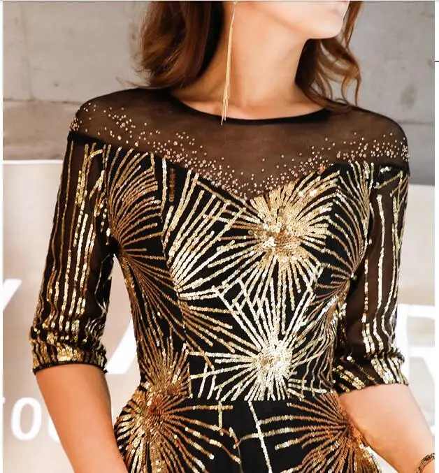 Robe De Soiree вечернее платье с золотыми блестками и кристаллами, с круглым вырезом, черные вечерние платья в пол LF405