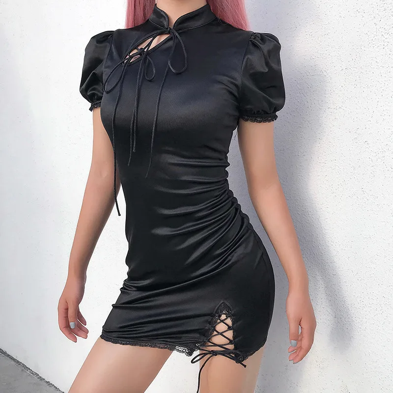 Женское черное платье, готическое панк Бандажное Открытое платье, китайское Cheongsam Harajuku, сексуальное облегающее элегантное мини-платье, вечерние платья - Цвет: Black