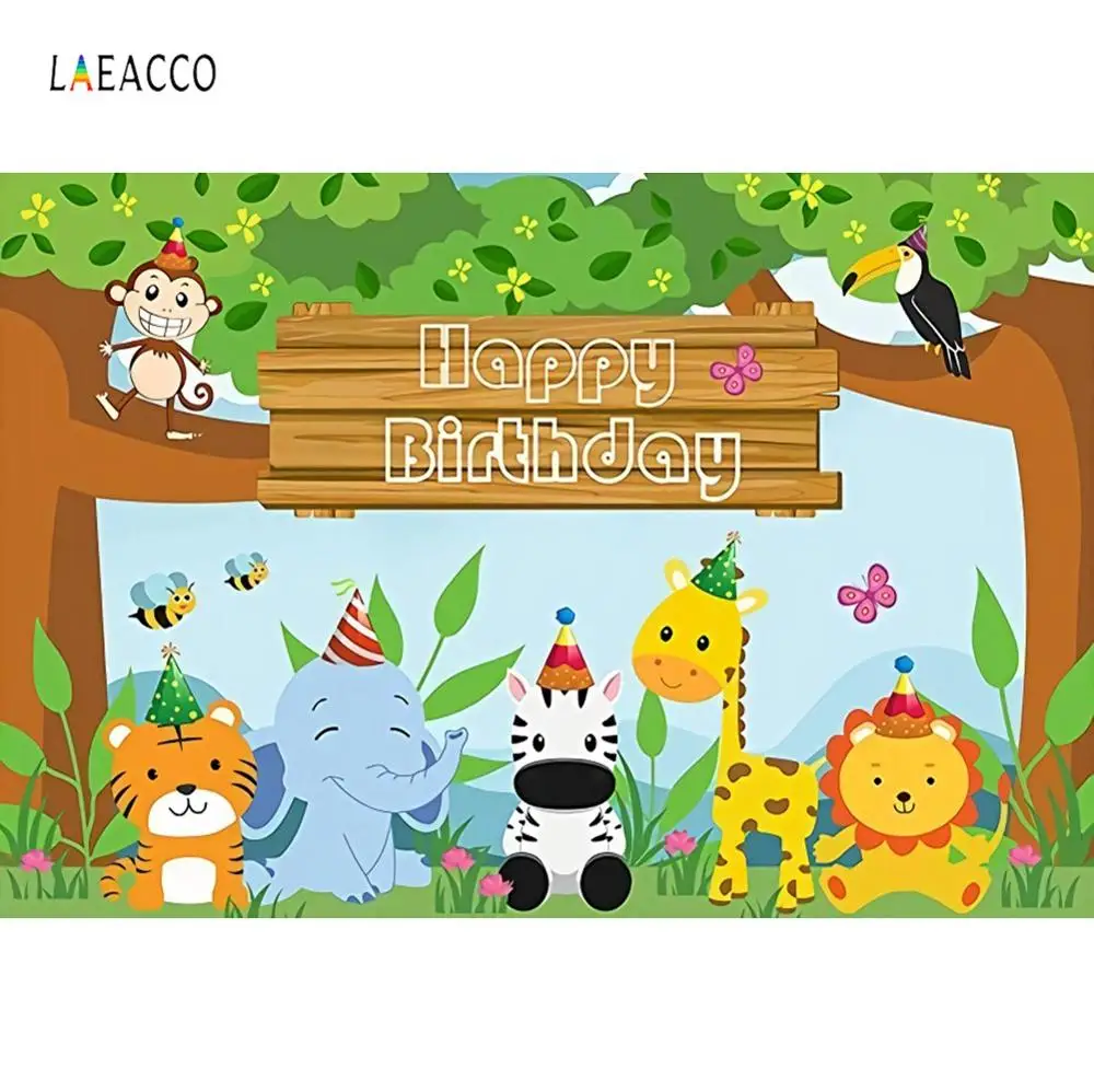 Laeacco Детский мультфильм Зеленый Джунгли сафари день рождения плакат баннер Фото фоны фотографии фоны для фотостудии