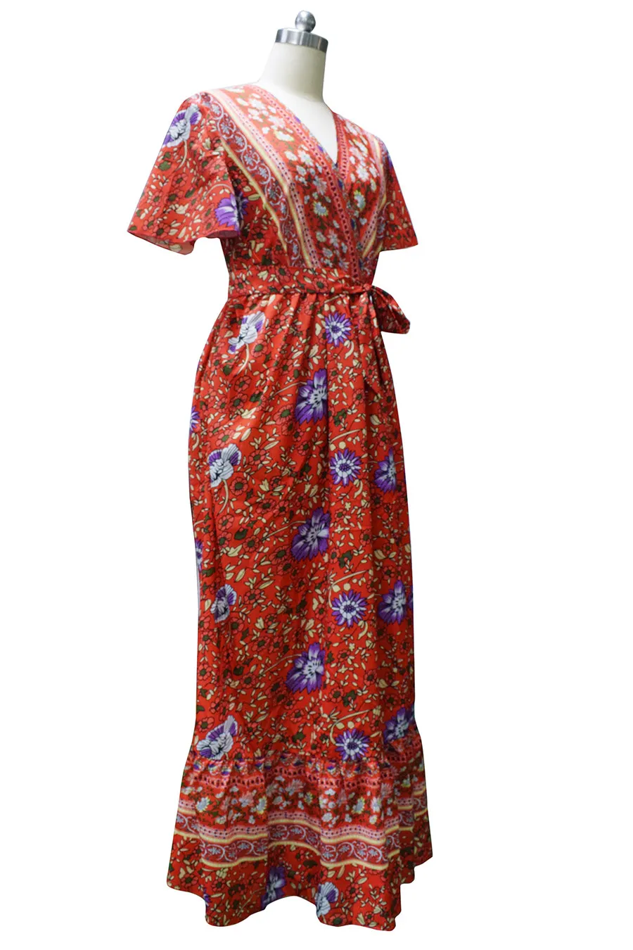 Gladiolus Bohemian Women Summer Dress Short Sleeve V Neck Floral Print Belt Tunic Split Sexy Beach Dresses Women 2019 Maxi Dress (29)