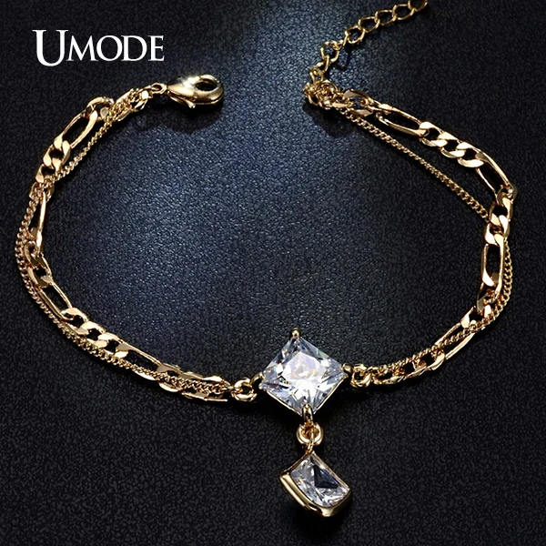 

UMODE Pendant 2.25ct Princess Cut CZ Crystal Multi-layer Bracelets for Women Yellow Gold Color Pulseira Hot Jewelry UB0062A