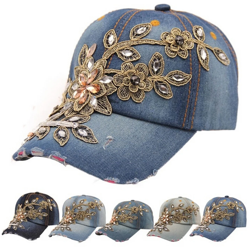 2016 Full Crystal Rhinestone Floral Denim Baseball Cap Bling hip hop