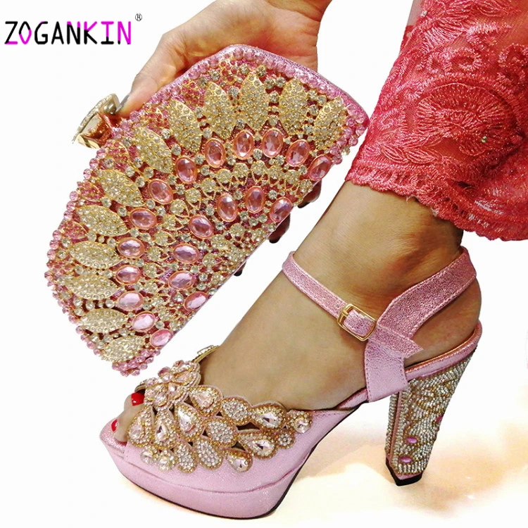 

2019 Sweet Pink African women Shoes and Bags To Match Set High Quality Wedding Party Shoes and Bag Sets for Wedding Sandals