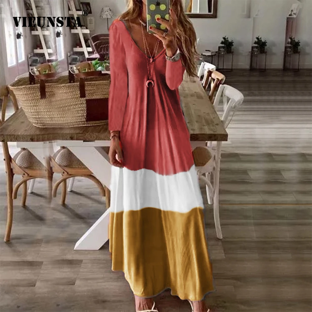 

VIEUNSTA Robe Autumn Print Patchwork Long Party Dress Women Sexy V-neck Off Shoulder Summer Dress Femme Long Sleeve Maxi Dresses