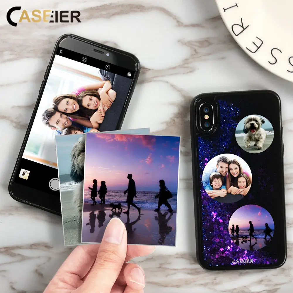 

CASEIER DIY Custom Phone Case For iPhone X Glitter Quicksand Cases For iPhone 6 6s 7 8 Plus Soft edge + Hard Back Accessories