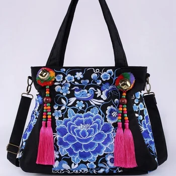 

Wallike Fashion Women's Bag Ethnic Embroidery Canvas Handbags National Style Tote Shoulder Bag Floral Casual Large Messenger Bag