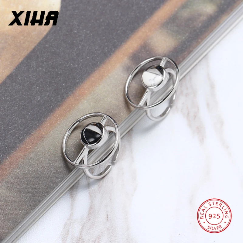 

XIHA 925 Sterling Silver Rings for Women Big Stone Thai Silver Band Chic Korean Style Black White Stones Round Adjustable Ring
