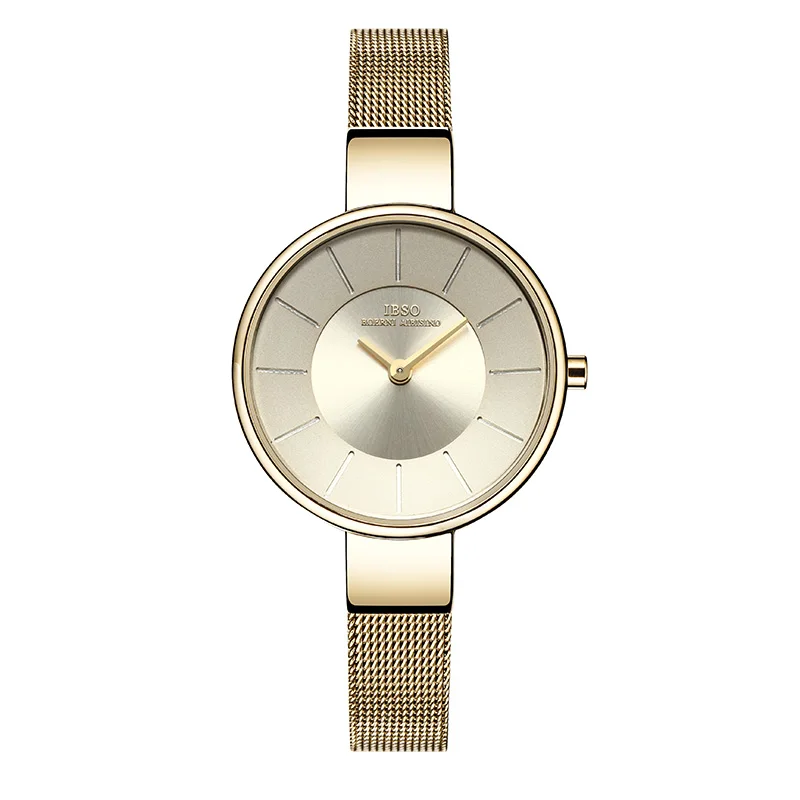 IBSO Топ бренд 6,5 мм ультра тонкий нержавеющая сталь кожаный ремешок Curren часы для женщин браслет часы кварцевые наручные часы#2249 - Цвет: Gold Mesh