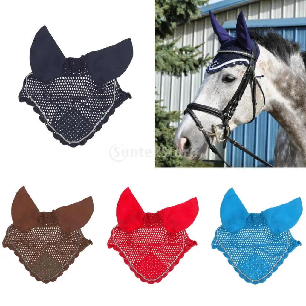 

New Rhinestone Horse Ear Bonnet Net Hood Mask Fly Veil Breathable Cotton Crochet - 4 Colors
