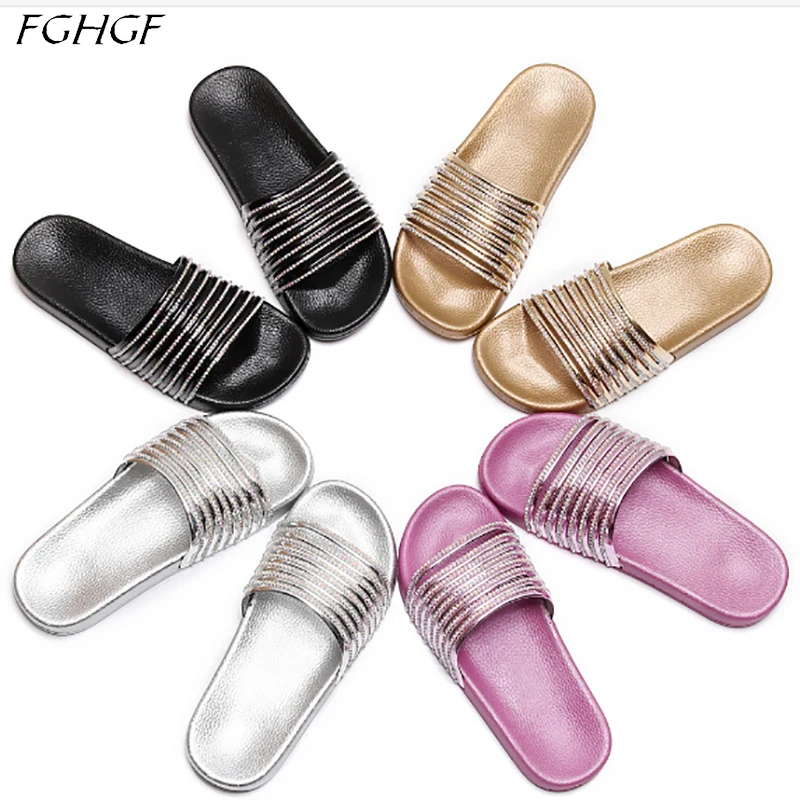 

Outdoor rhinestone summer flat slider shoes in sliver gold red and black comfortable style flat sandals slipper shoes for women