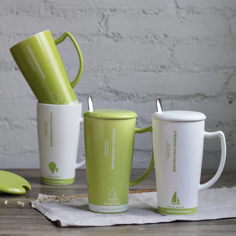 Office Green fresh coffee mugs large capacity mugs simple ceramic mugs with lid spoon