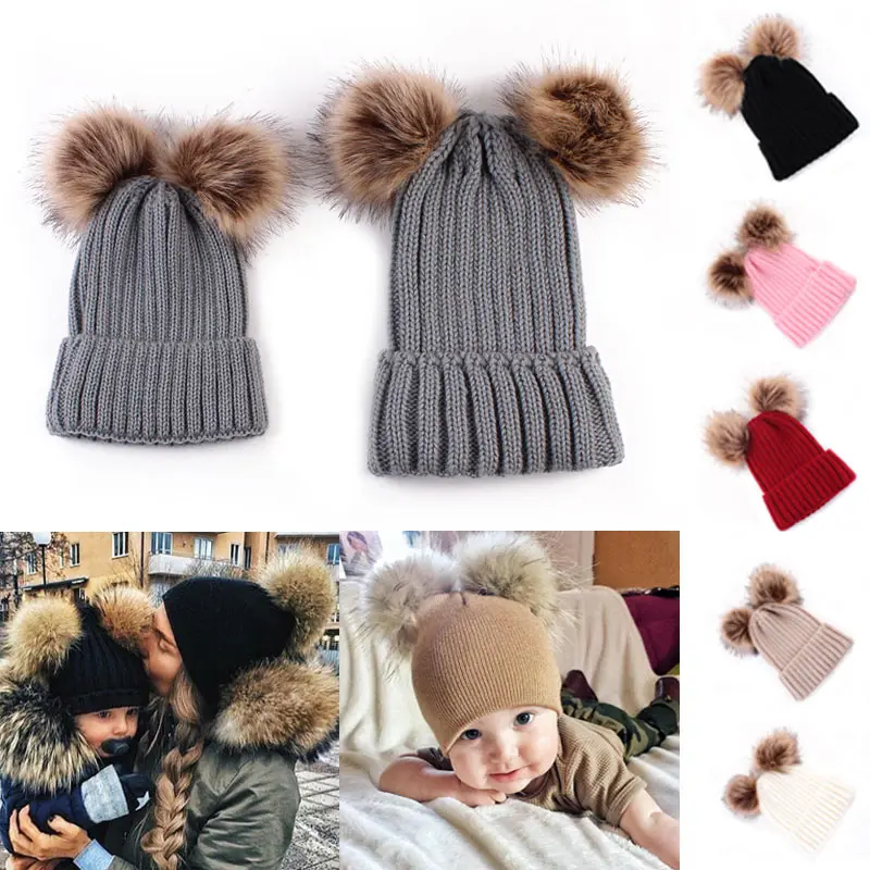 Дети малыш мальчик девочка и мама зима вязать теплая мягкая шапка Hat шапочка с помпоном(посылка включает 1 hat