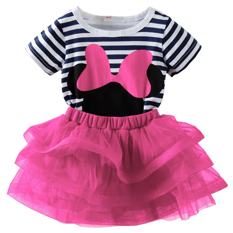 Комплекты одежды с Минни для девочек; коллекция года; летняя футболка в полоску с героями мультфильмов; юбка-пачка; Детский Повседневный костюм из 2 предметов; костюмы; одежда для маленьких девочек - Цвет: Розовый