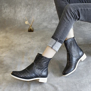

Full Grain Cow Leather Women Retro Style Ankle Boots White black Med Heels Riding Shoes For Woman Hollow Summer Cool Boots 2019