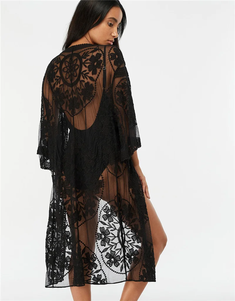 Fitshinling Flower lace beach cover up swimwear kimono flare sleeve see through long cardigan bikini outer cover sexy cover-ups