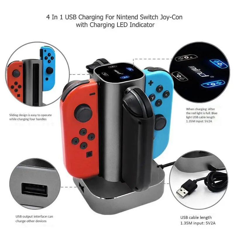 

4 in 1 LED Charging Station For Nintendo Switch USB Charger Dock Stand JoyCon Handle Controller Holder For NS Joy-con Console