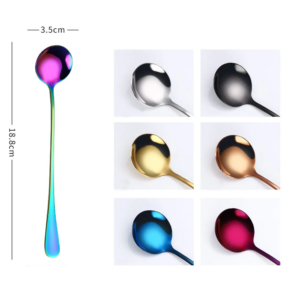 

Stainless Steel Teaspoons Colorful Spoon Long Handle Spoons Flatware Coffee Drinking Tools Kitchen Gadget Cuillere #ZH