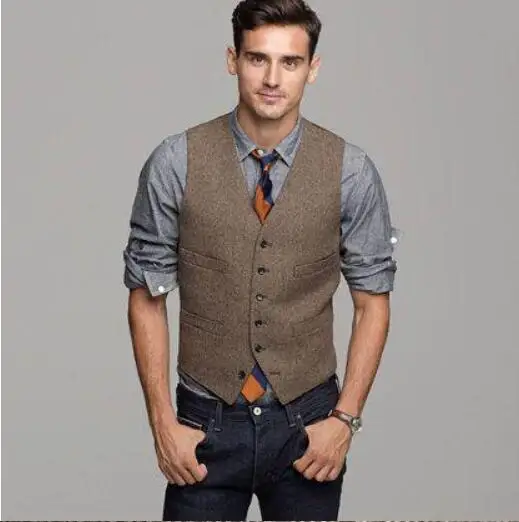 

Brown Wool Herringbone Tweed Vest Men's Suit Vests Slim fit Groom Vests Vintage Wedding Waistcoat Unique Mens Dress Vest Plus S