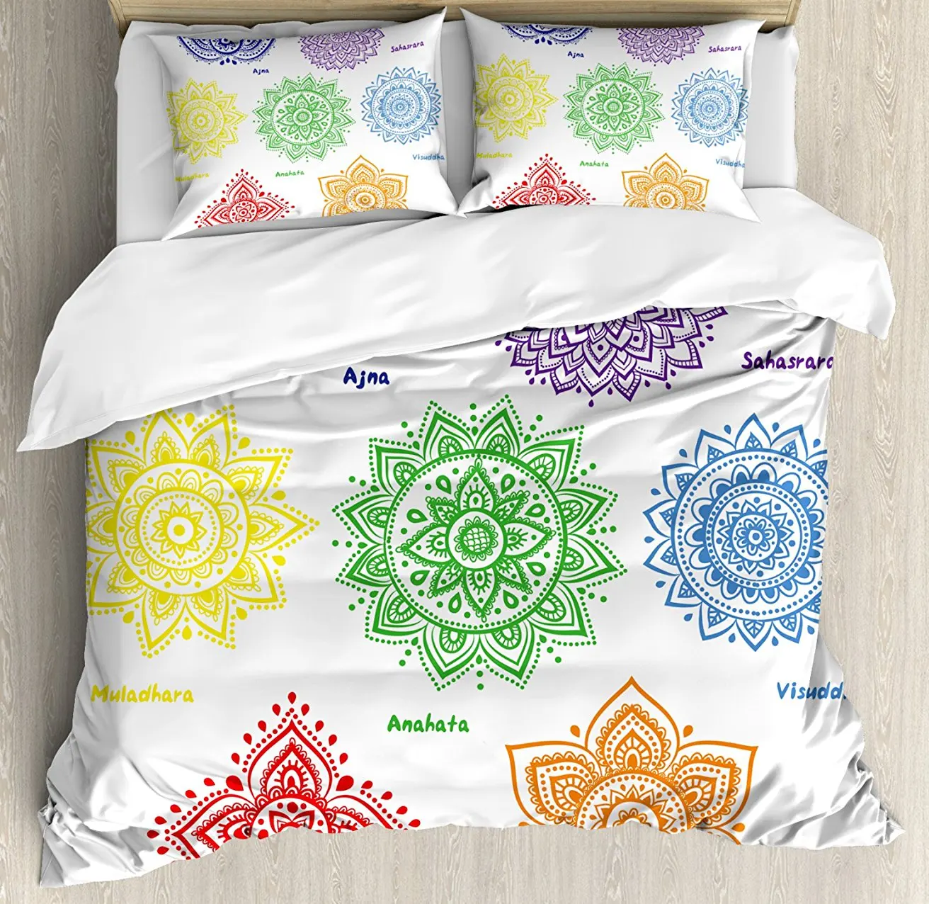 

Chakra Decor Duvet Cover Set Collection of Symbols in Different Colors with Ornate Round Mandala Asian Print 4 Piece Bedding Set