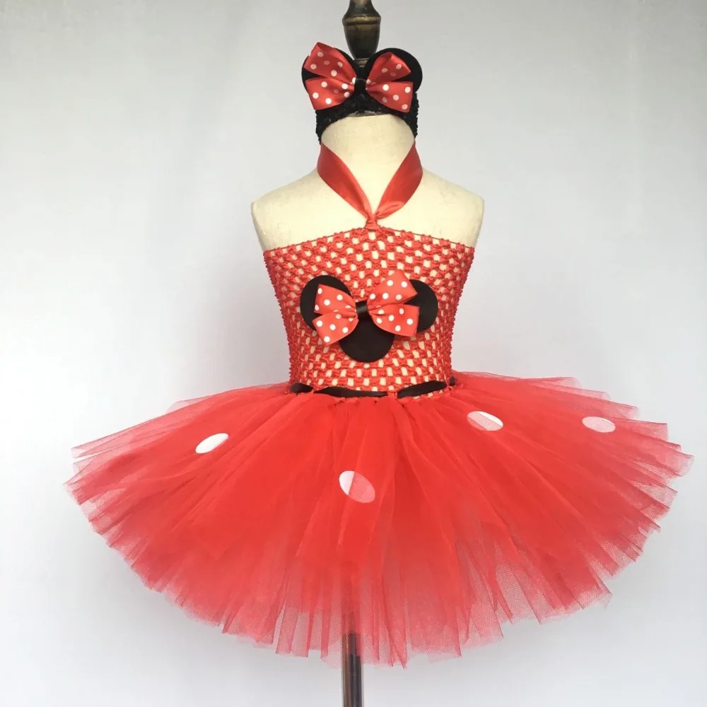 

Cute Girls Red Cartoon Tutu Dress Baby 2Layer Crochet Tulle Dress with White Dots and Headband Kids Cosplay Dress Party Tutus