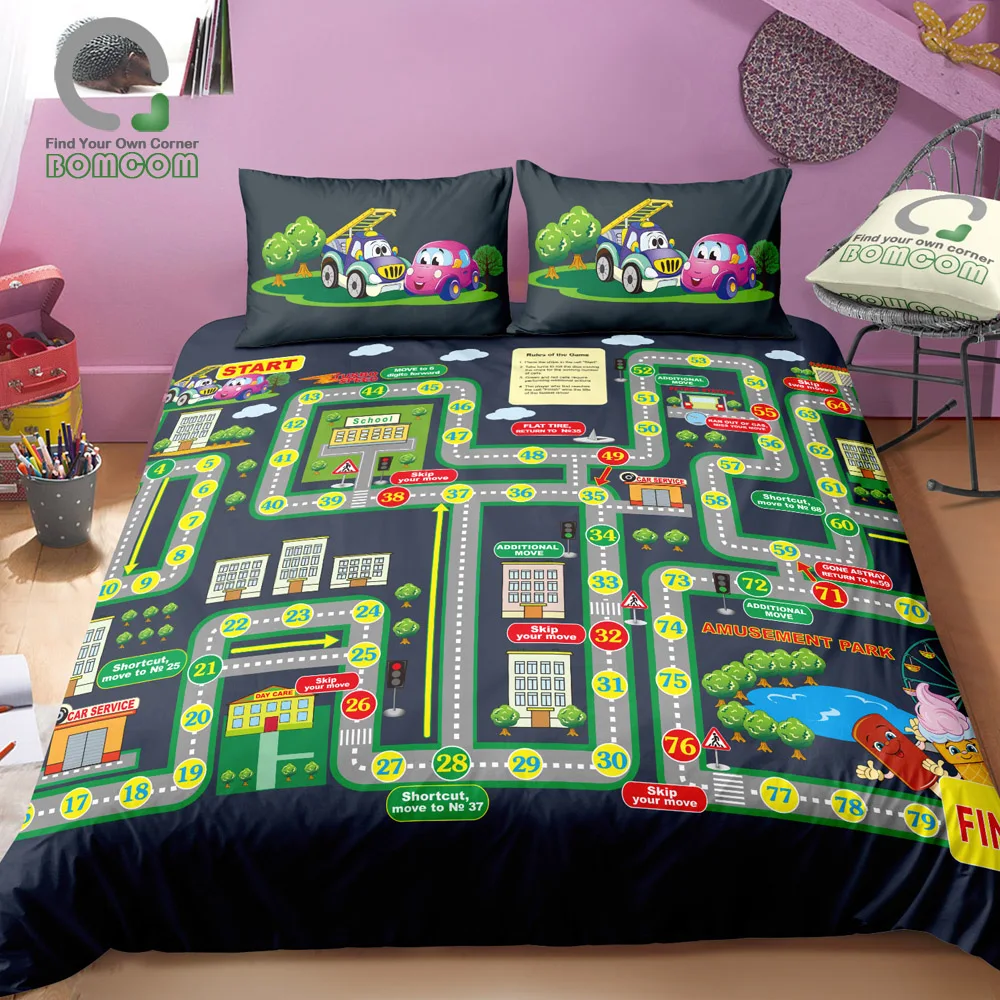 

BOMCOM 3D Digital Printing Map Board Game for Kids Auto Racing Reach the Finish Line First Duvet Cover Sets 100% Microfiber