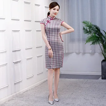 

Plaid Vintage Ladies Chinese Traditional Slim Qipao Classic Mandarin Collar Stage Show Elegant Mini Cheongsam Plus Size S-3XL