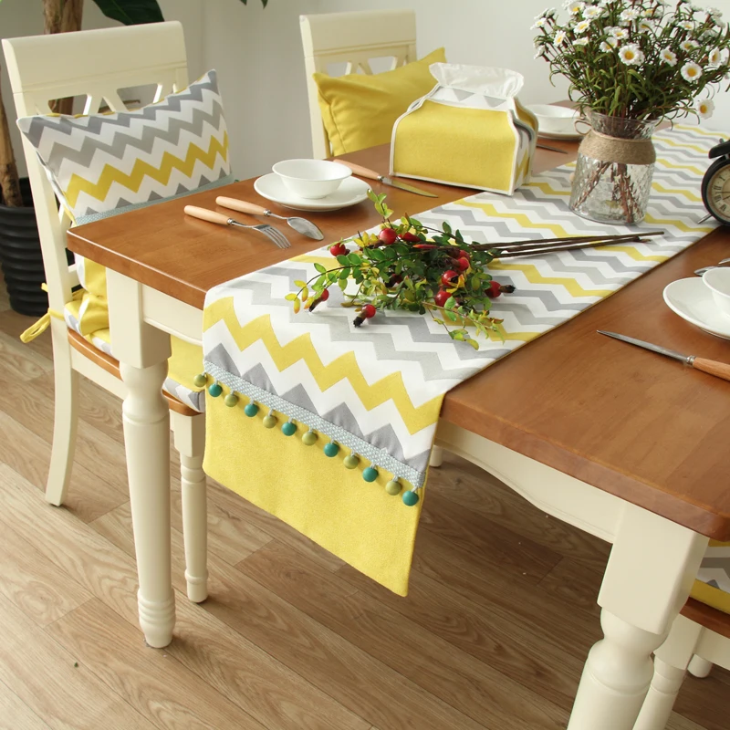 Modern Simple North European Yellow Strip Cotton Linen Table Runner