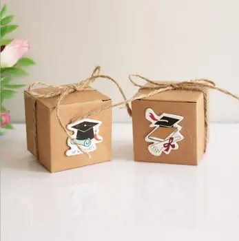 

100pcs Vintage Kraft paper Brown Graduation Cap Square Candy Boxes with hemp rope, Gift Box Graduation Show Souvenir gift