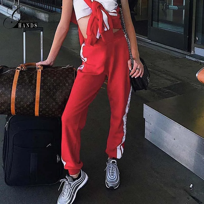 

Gold Hands Women Sporty Style Trousers Casual Side Striped Slim Red Woman High Waist Pants Loose Long Sweatpants Female