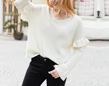 

2019 New Fashion Stringy Selvedge Women Sweater Autumn Winter Loose Knitted Solid White Female Pullover Sweater Outwear Sweater