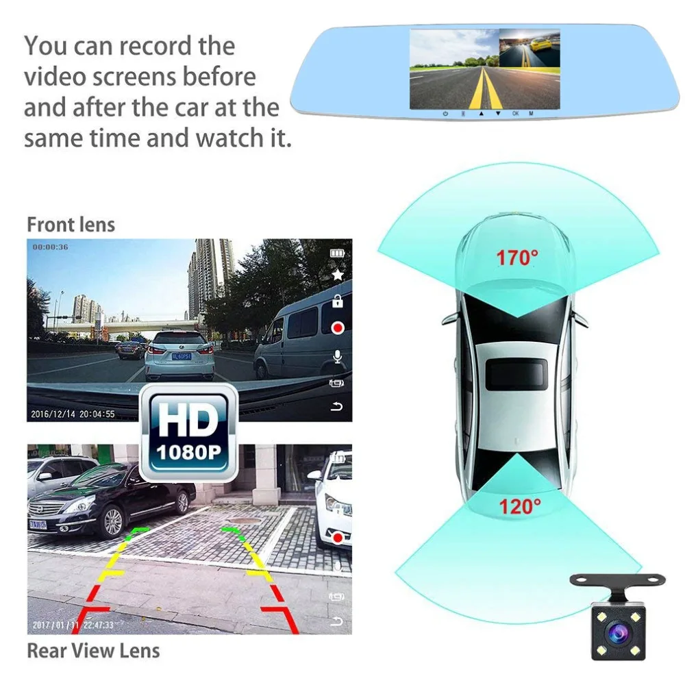 TAVIN Car camera recorder Dash cam 5 inch touch auto camera screen full hd 1080P Rearview mirror Car dvr with rearview camera