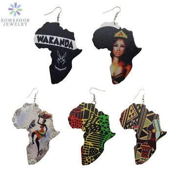 

SOMESOOR Carved African Map Tribal Wood Drop Earrings Afrocentric Ethnic Black Queen WADANDA Pattern Women Pendant Ear Jewelry