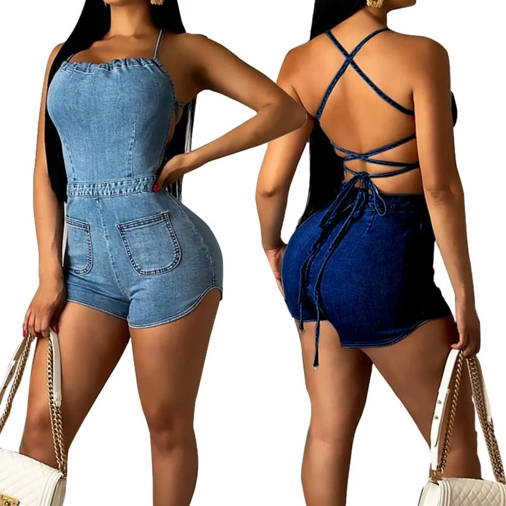 2 Colors Women's High Waist Sexy Elastic Casual Spaghetti Sling Denim Romper Sexy Jumpsuit with Pocket Bandage Jumpsuit S-2XL 2 Colors Women's High Waist Sexy Elastic Casual Spaghetti Sling Denim Romper Sexy Jumpsuit with Pocket Bandage Jumpsuit S-2XL