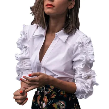 

Blusas Time-limited Korean Women Tops Spring And Summer 2019 Solid Color Shirt Europe America Ol Wind Wooden Ear Sleeve Lapel