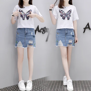 

European station 2018 summer style two piece new butterfly Sequins O-Neck T Shirt cowboy skirt fashion playful two piece Set 300