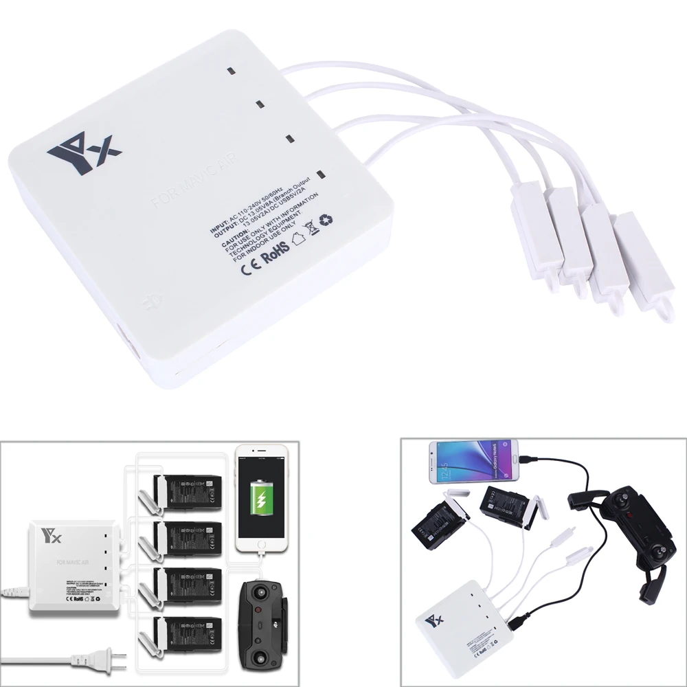 

6 In 1 Battery Remote Charger Hub Parallel Dual USB 4 plugs For DJI mavic air Drone & EU Plug