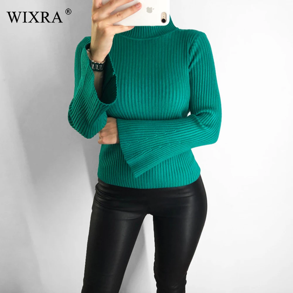 

Wixra Autumn Winter New Fashion Womens Flare Sleeve Sweaters Pullovers Basic Warm Turtleneck Knitted Sweaters Jumpers Top