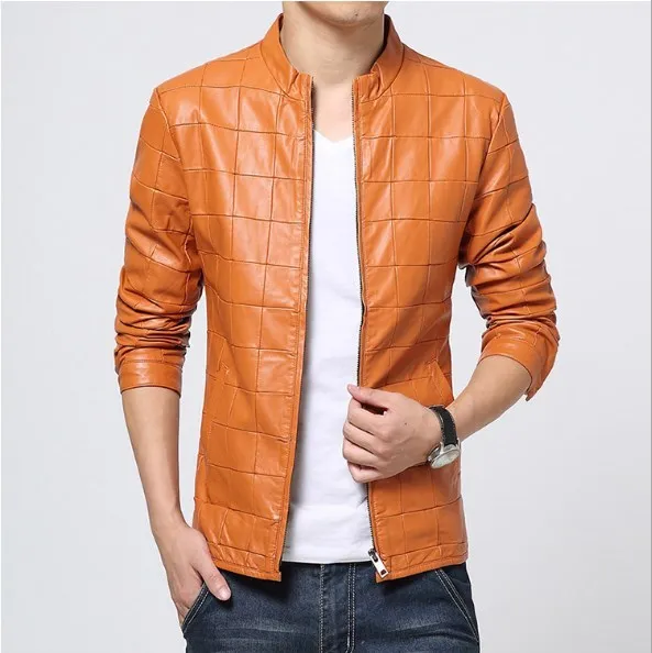 

Men Orange Green Pu Leather Jacket Spring Mens Faux Leather Jacket Vintage Men's Mandarin Collar Jackets and Coats 5XL 6XL