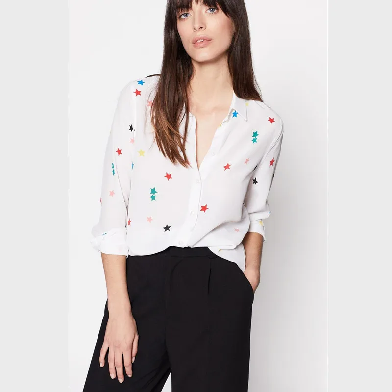 

100% natural silk blouse print colorful star shirt chiffon blusas women office lady high quality runway blouse white 2019 new