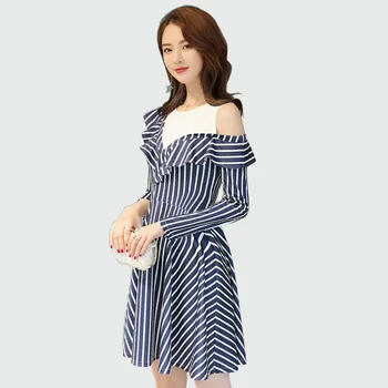 

One Shoulder Navy Blue Striped Women Dresses 2018 Spring Summer New O-neck Long Sleeve Ruffle Vestidos De Festa