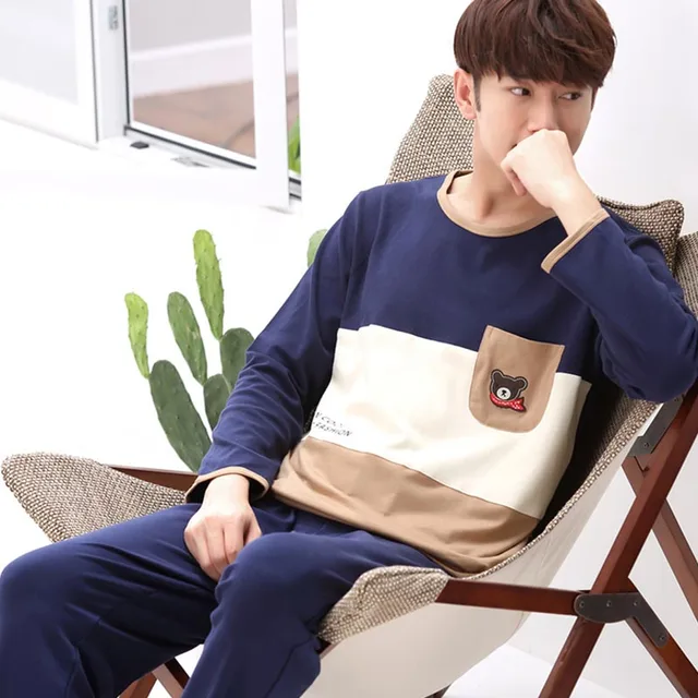 Funny Cute Mens Pajamas Cotton Long Sleeve Homewear Men Sleepwear Male Nightwear Pajama Set