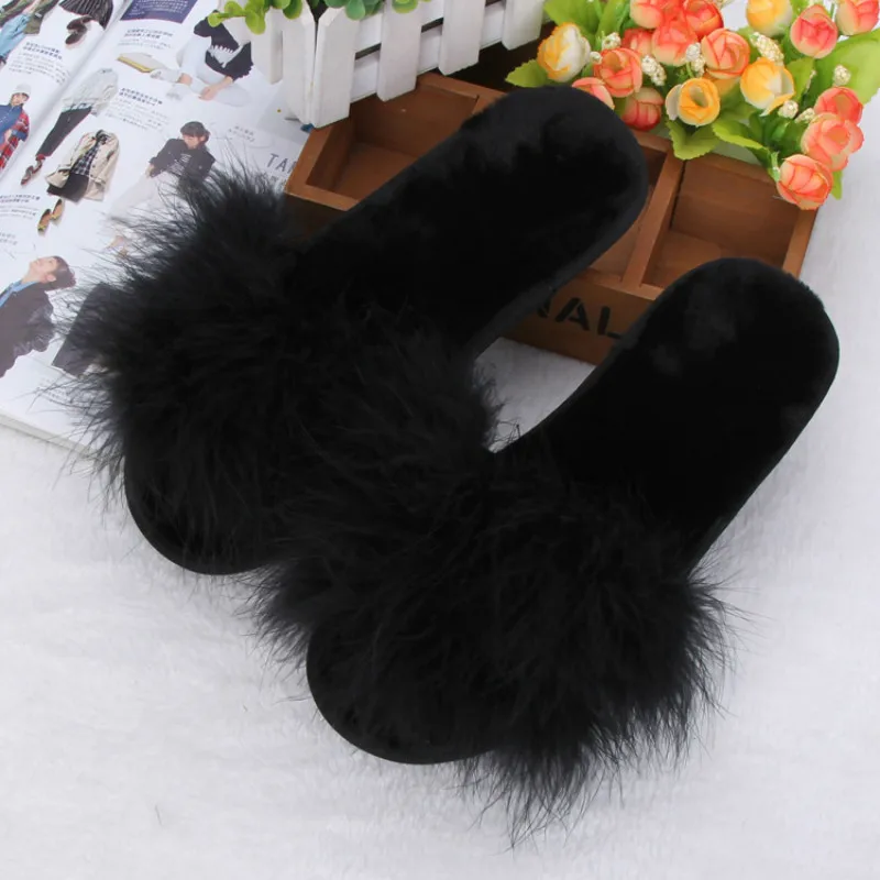 Taomengsi/новые зимние домашние тапочки из страусиного меха; утолщенная плюшевая толстая нескользящая подошва; хлопковые Черные тапочки; размеры 36-41 - Цвет: Черный