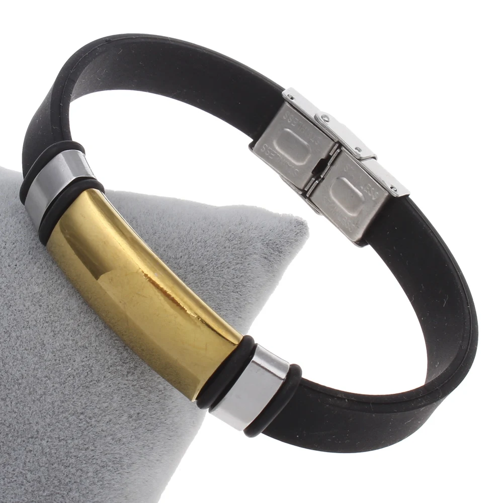 YYW Cool Boy Male Punk Jewelry Black Rubber Silicone Bracelets Gold color ID Charms Stainless