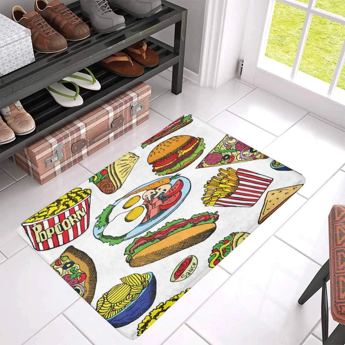 Горячая собака с колбасой попкорн чипы для пиццы бекон яйцо Придверный коврик Большой 30X18 дюймов нескользящий передний коврик у входной двери ковер