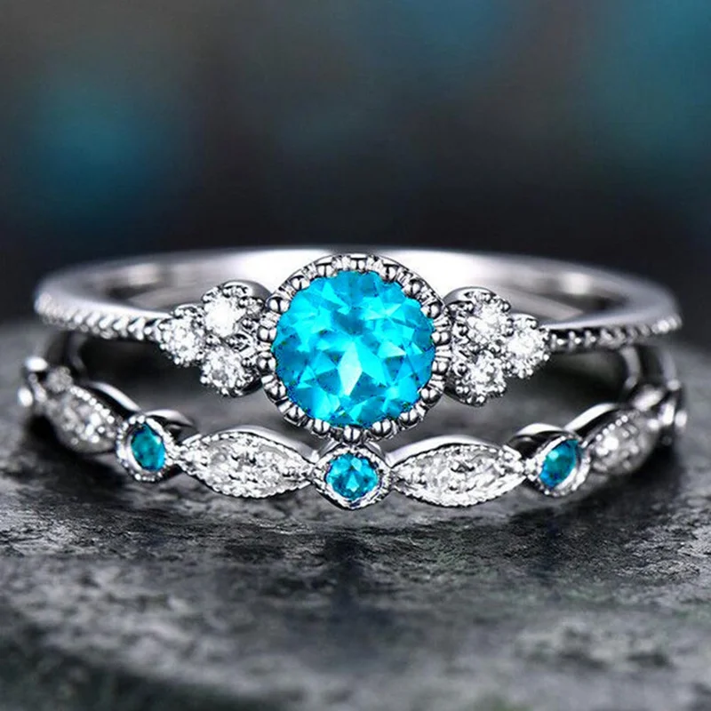 Роскошная женская обувь, расшитая зелеными синий камень кольца с настоящими Австрийскими кристаллами Для женщин серебряного цвета Цвет Свадебные Обручение кольца ювелирные изделия Прямая поставка Pour 2 шт./компл