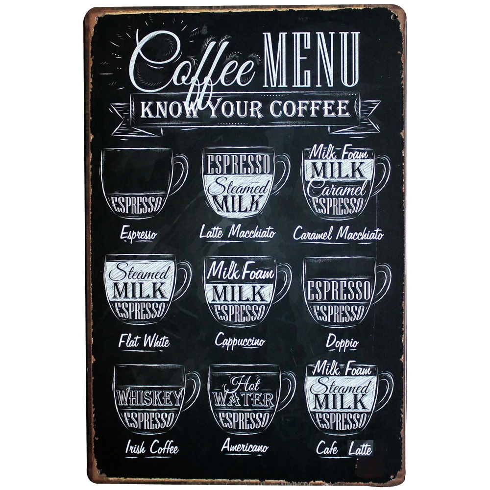 COFFEE MENU Decor Metal Tin Sign Vintage Coffee Plaque Menu Board for ESPRESSO AMERICANO LATTE CAPPUCCINO