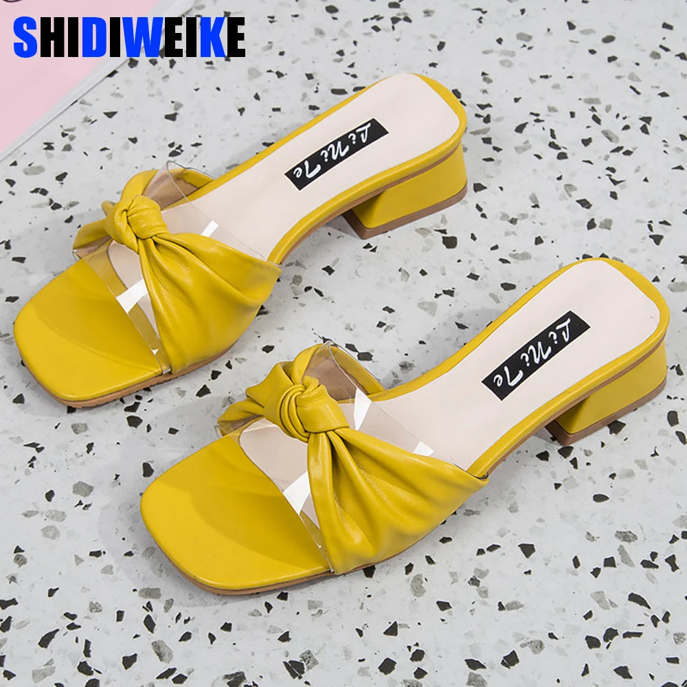 

2019 Summer Slippers Women Sandals Med Square heel Shoes Pleated Slippers Quality Fashion Slides Woman Shoes g208