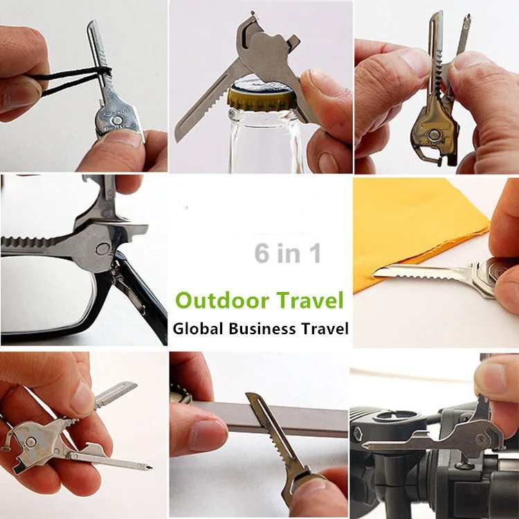 

100PCS self defense security 6-in-1 Outdoor Camping Multi-Function Tool attack Key Ring Chain Knife Screwdrivers FC