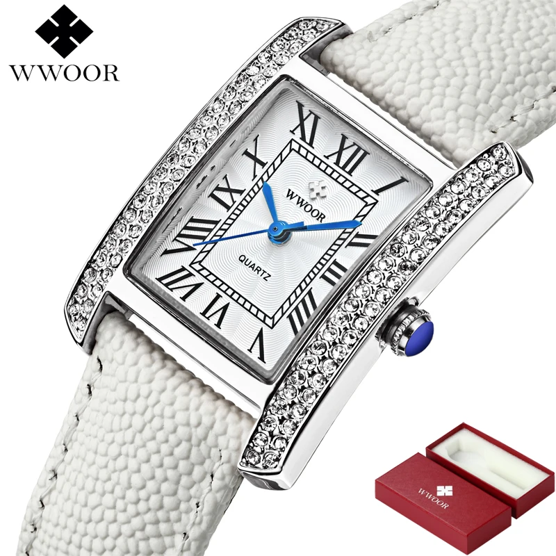 Kopen WWOOR Brand Luxe Vrouwen Horloges Vierkante Jurk Dames Quartz Horloge Vrouwen Diamant Lederen Band Polshorloge Rode Klok Montre Femme
