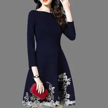 

Autumn Spring Fashion Womens Embroidery 3/4 Sleeve Pleated Dress , Fall 2018 New Elegant Female Woman Slim Slash Neck Dresses